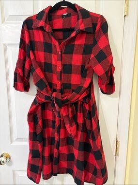 VENUS Red and Black Plaid Midi Shirt Dress